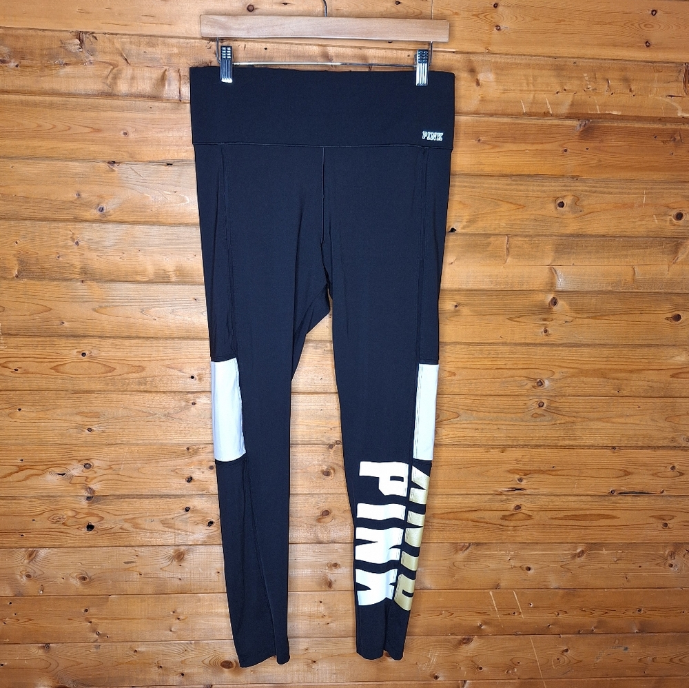 ❤️ PINK Victoria Secret black gold and white leggings with mesh stretch Size L